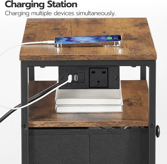 Rustic Bedside Table with Charging Station, 3 Drawers, USB Ports Modern