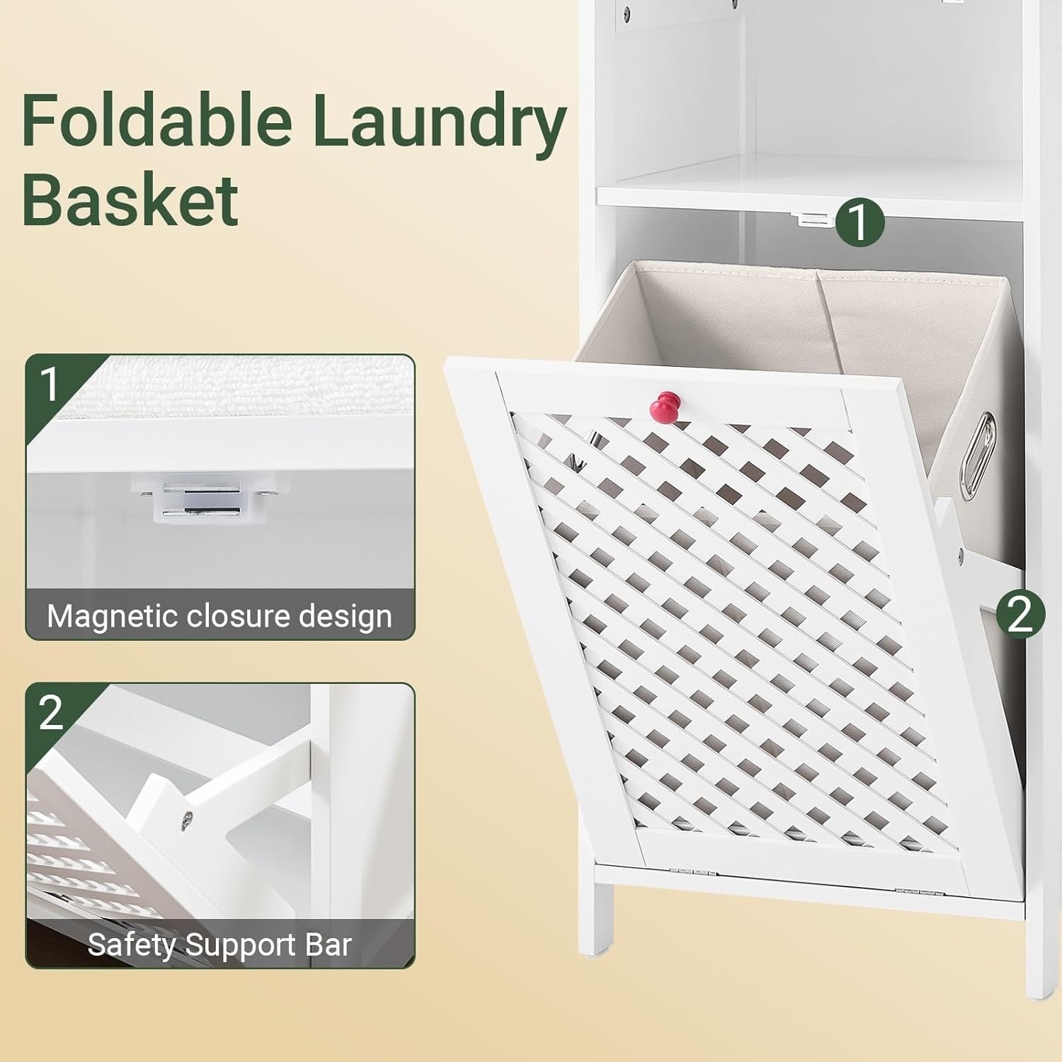 White Bathroom Laundry Cabinet with Tilt Basket & Open Shelf Slim Unit 87cm