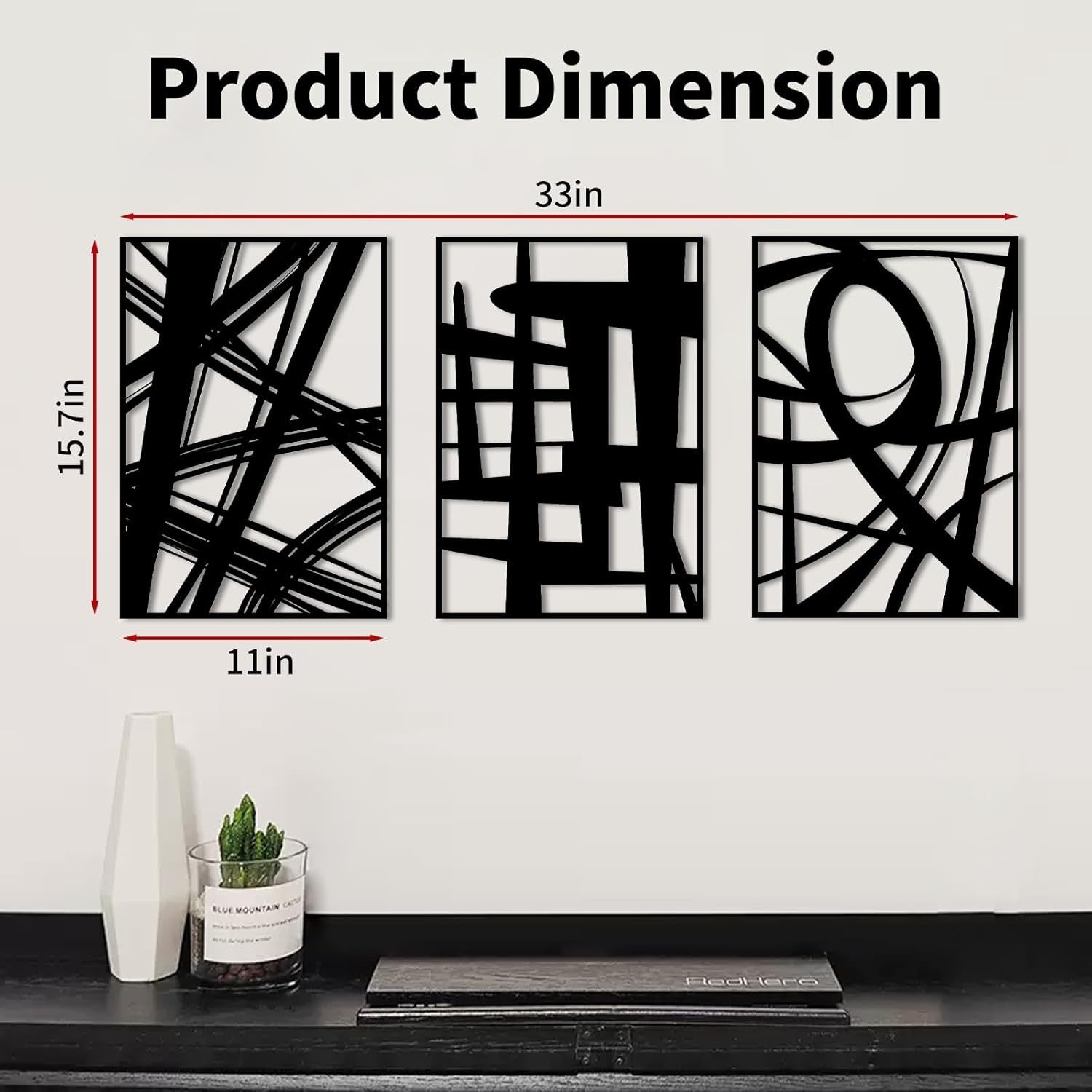 Black Metal Wall Art Set of 3 3D Abstract Panels 16x11in Modern