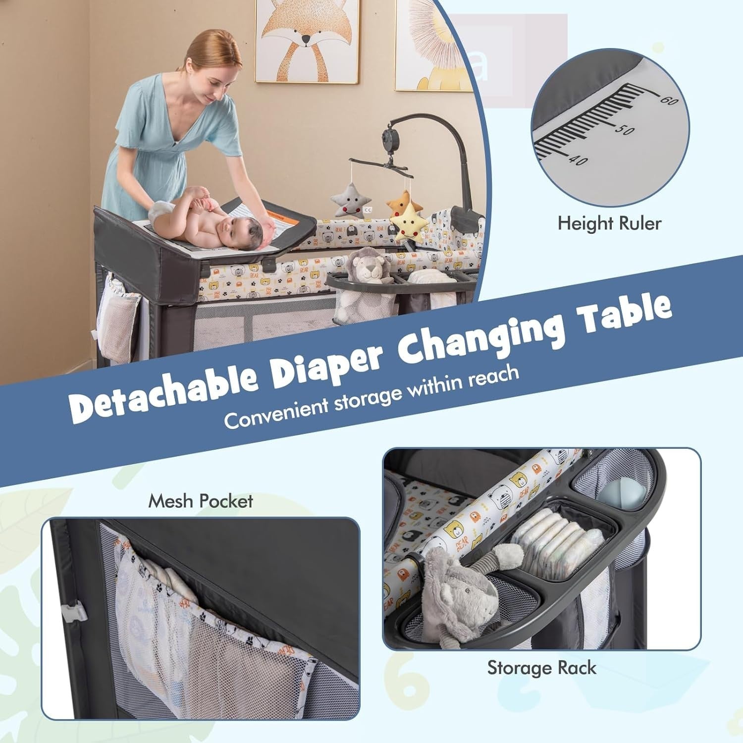 6in1 Baby Travel Cot Foldable Crib with Mattress, Changer & Storage Bear