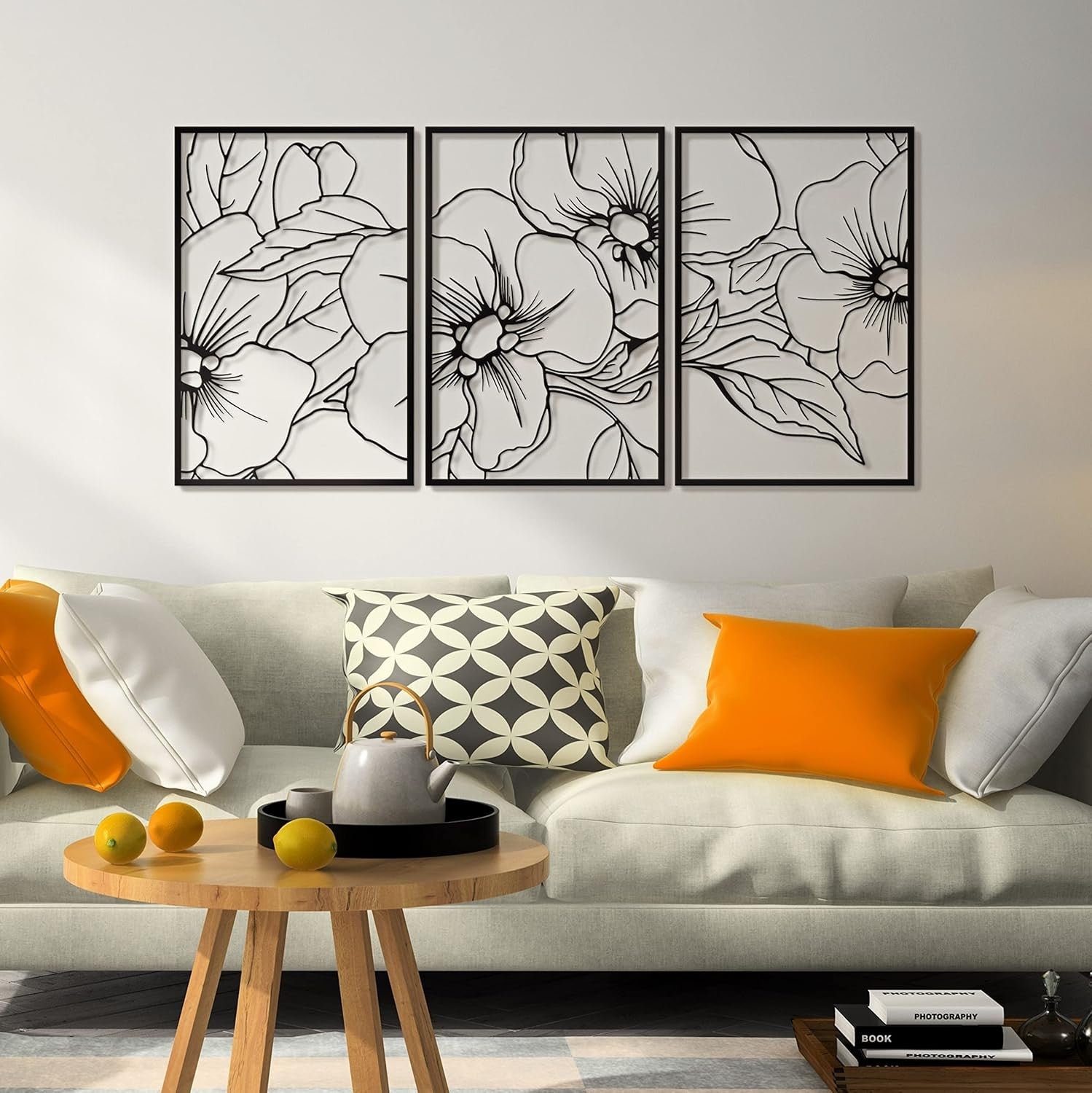 Black Minimalist Floral Wall Art 18x12in 3-Pack Metal Decor