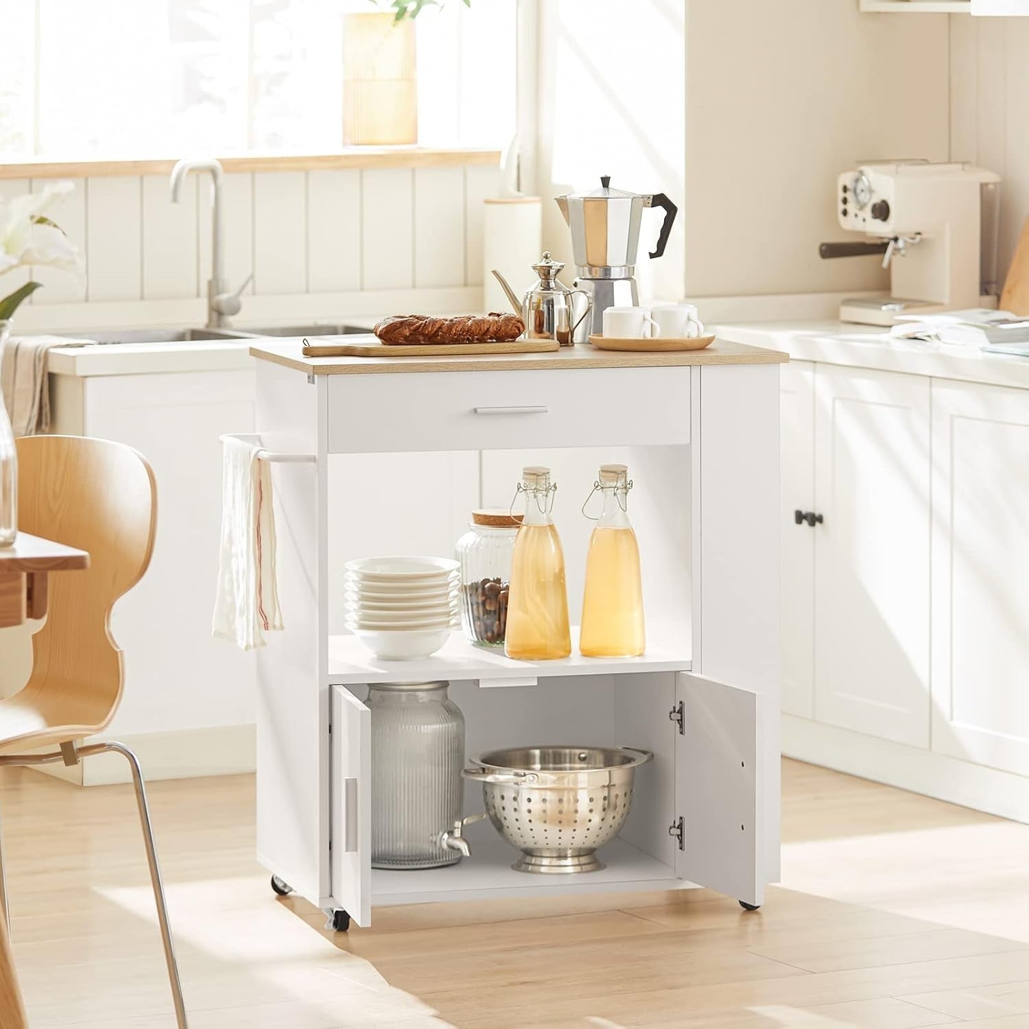 Compact Kitchen Island Trolley Cart White | Wheels, Cupboard, Drawer 82cm