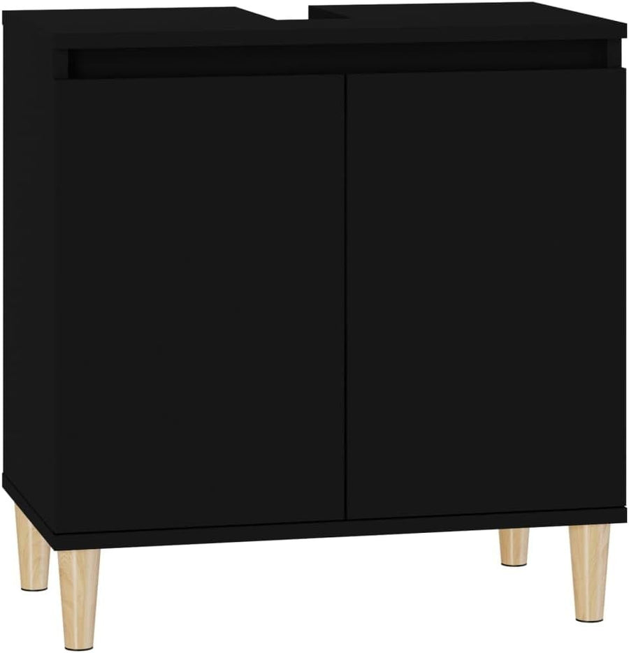 Black Under Sink Bathroom Cabinet with Wooden Legs – Modern Vanity Storage Unit