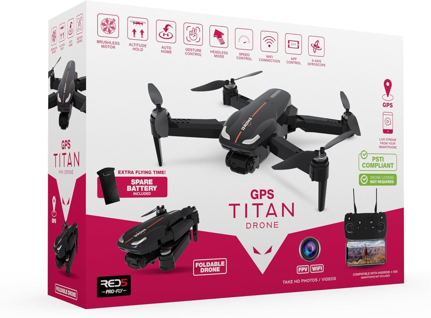 RED5 Titan Foldable Drone HD FPV Wi-Fi Camera, 2 Batteries, GPS