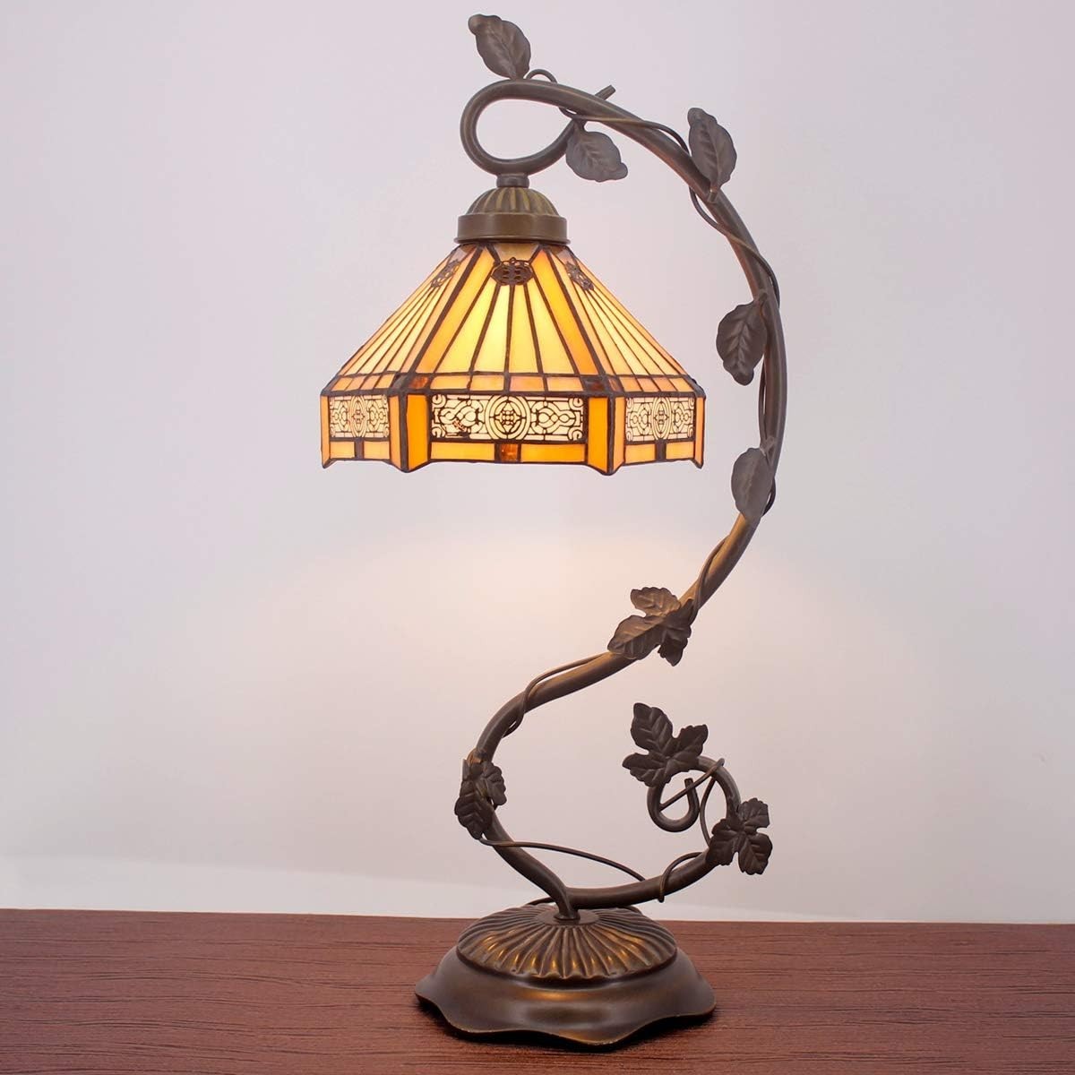 Stained Glass Tiffany Desk Lamp Antique Metal Leaf Base Bedside Reading Light