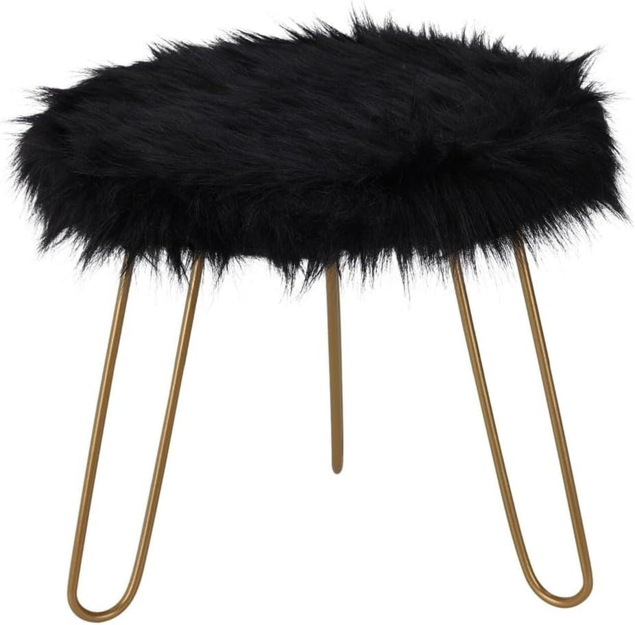 Black Faux Fur Vanity Stool Round Gold Hairpin Legs Modern Accent Seat