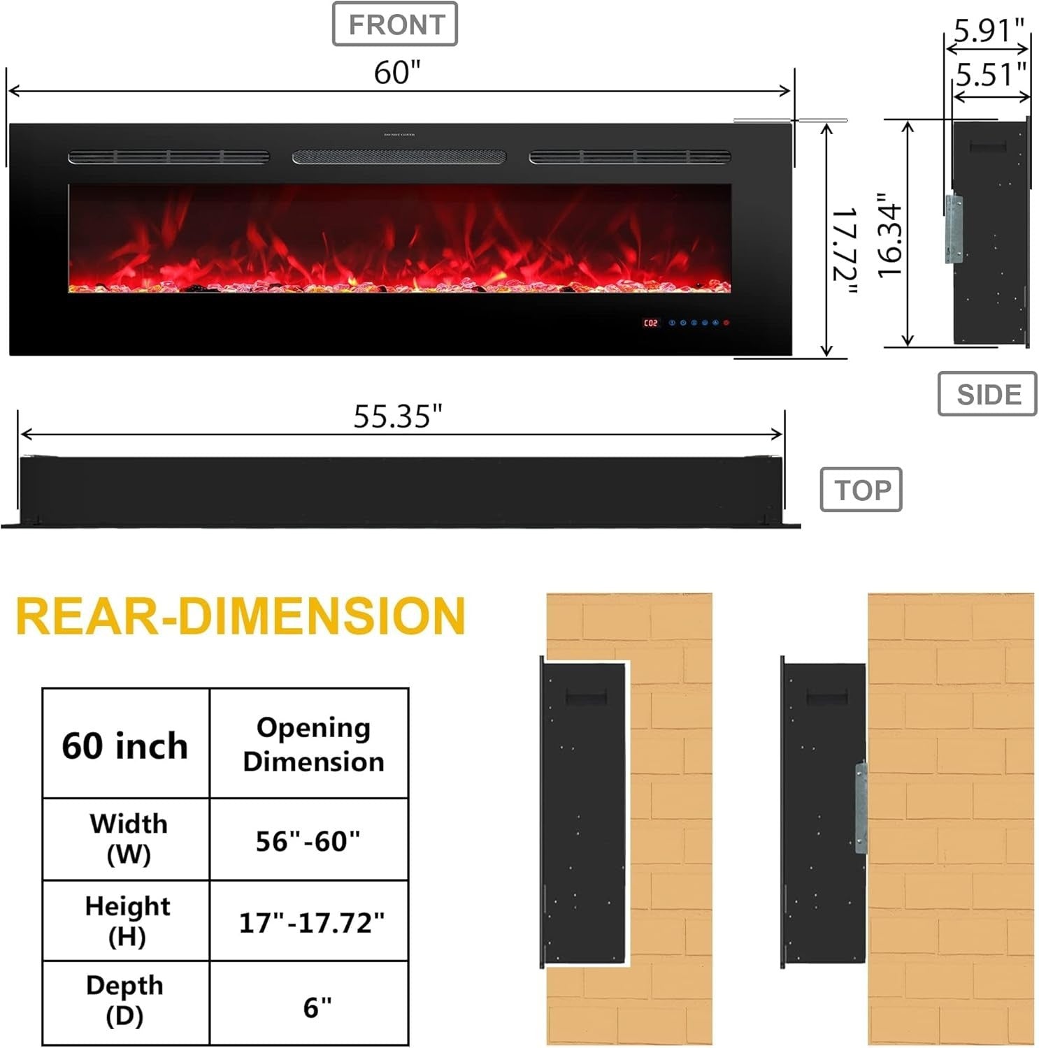 60" Wall Mounted Electric Fireplace Heater LED Log Flame Remote Timer