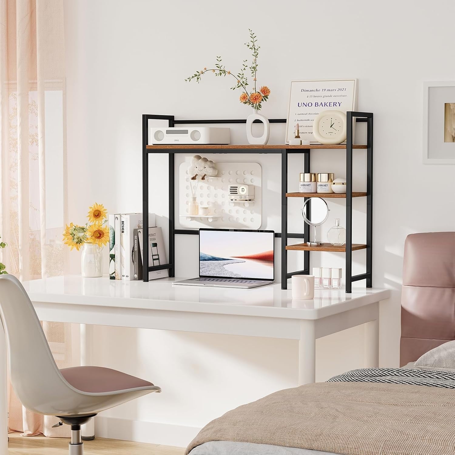 Rustic Brown Desk Hutch Shelf 4-Tier 38.6" Desktop Organizer Storage Rack
