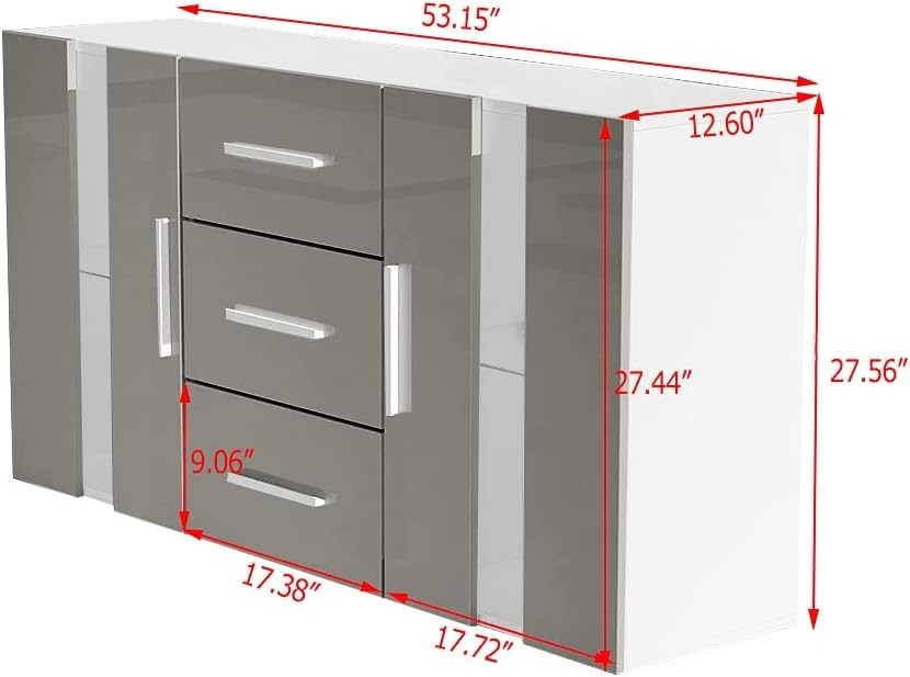 Grey LED Sideboard Cabinet Storage Unit RGB Glass 3 Drawer 2 Door Modern