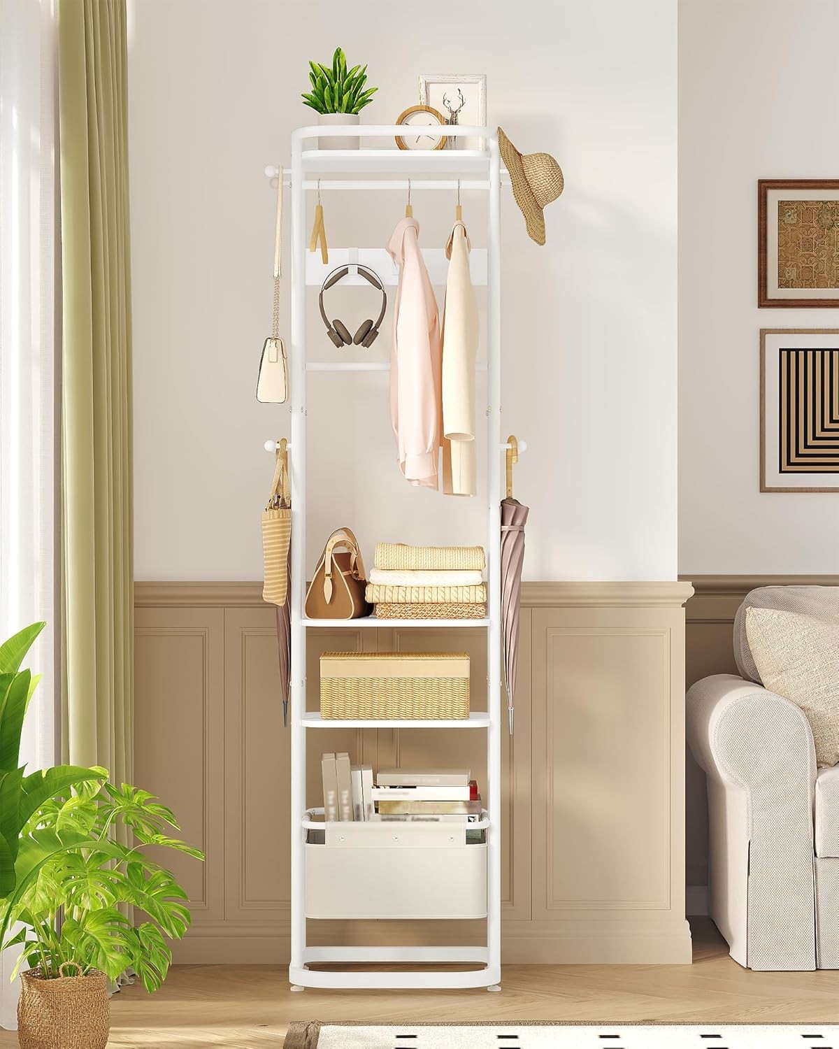 Wooden Coat Stand with 3 Shelves & 11 Hooks | Freestanding Hall Organizer