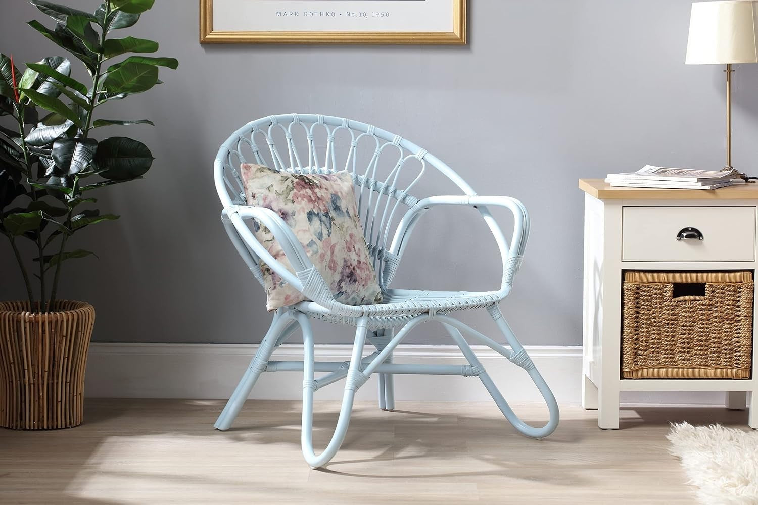 Blue Nordic Rattan Wicker Armchair Indoor Cane Lounge Chair Living Room