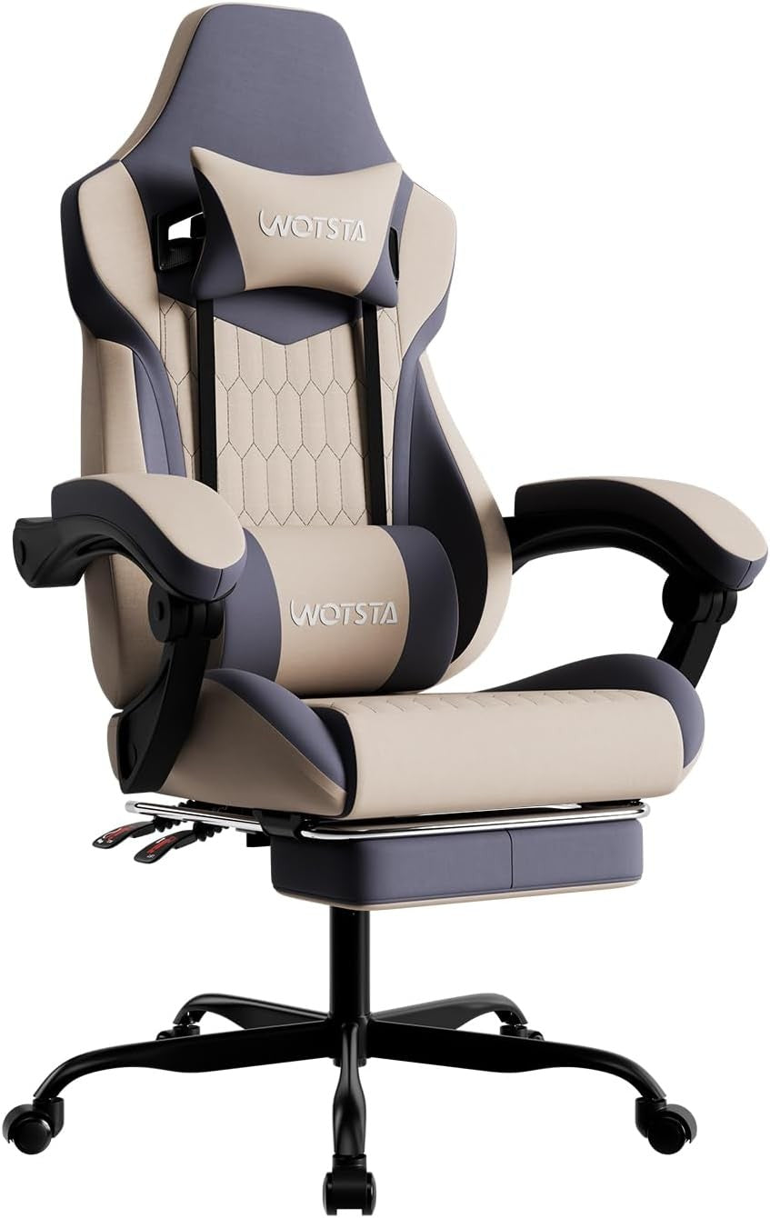 Ergonomic Gaming Chair Beige Blue w/ Footrest Lumbar