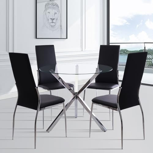 90cm Round Glass Dining Table with Chrome Metal Legs Modern Small Kitchen Table