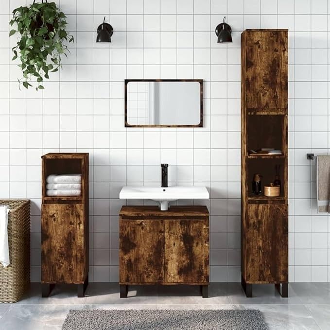 Rustic Oak Under Sink Bathroom Cabinet 58cm Modern Vanity Unit w/ Metal Legs