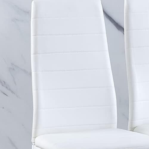 Modern 5-Piece Round Glass Dining Table Set with 4 White PU Leather Chairs