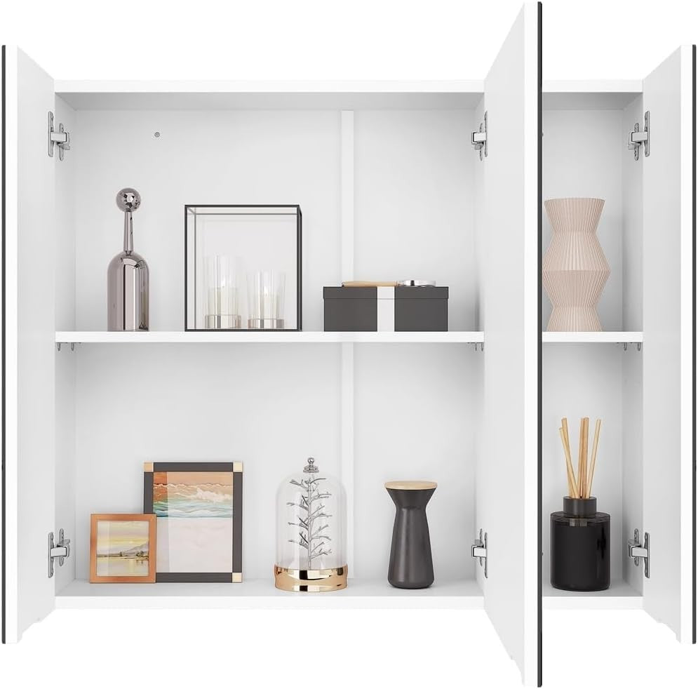 Bathroom Mirror Cabinet Wall Mounted | 3 Door Storage Unit | Modern White