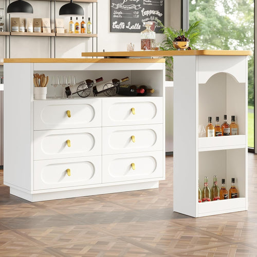 360° Swivel Bar Table w/ 6 Drawers & Storage Shelves Extendable White Furniture