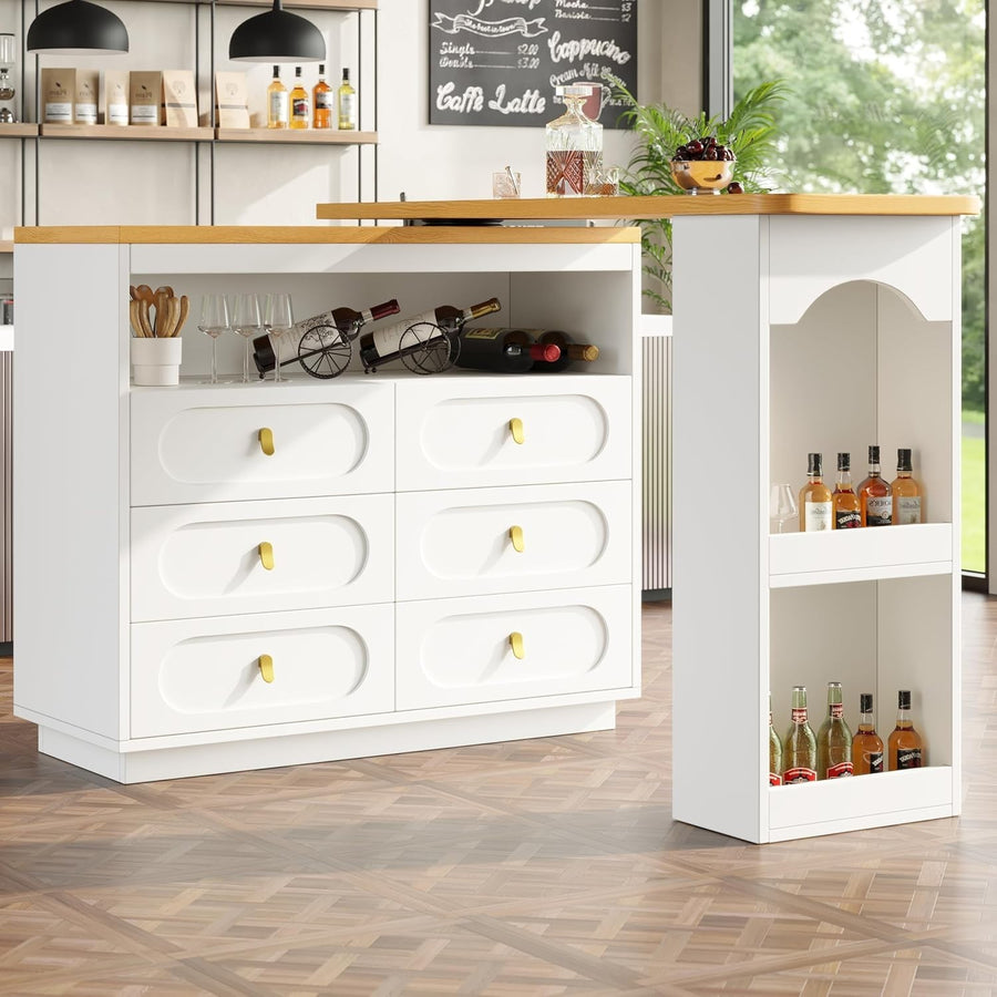 360° Swivel Bar Table w/ 6 Drawers & Storage Shelves Extendable White Furniture