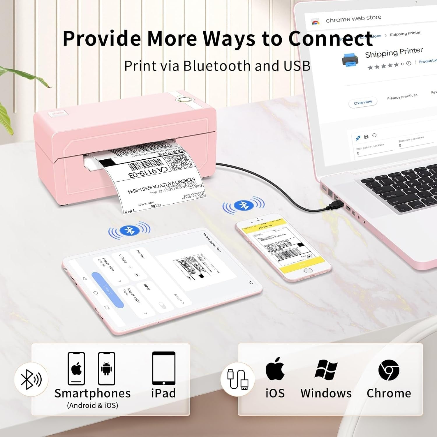 Pink 4x6 Bluetooth Thermal Label Printer, Wireless Shipping, Portable