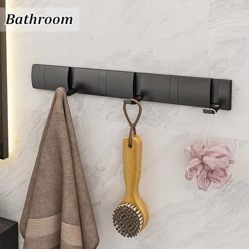 Black Wall Mounted Coat Hook Rack 6 Hooks Foldable Heavy Duty Metal Hanger