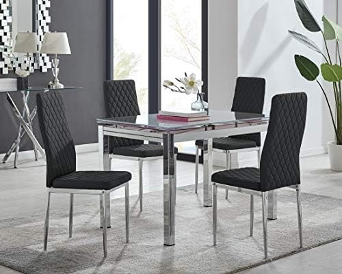 Modern White Glass Extending Dining Table with 4 Black Quilted Chairs Set