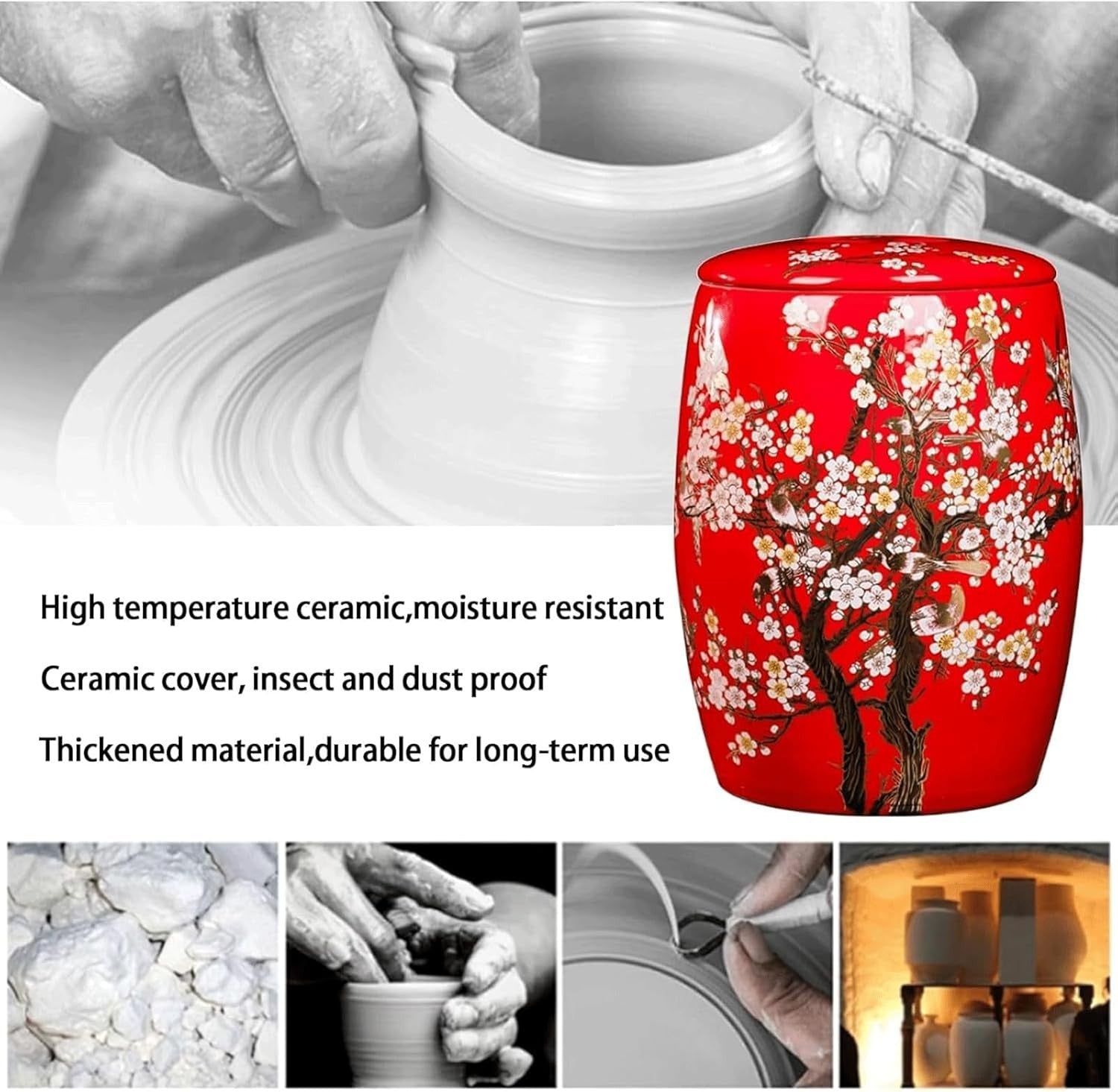 25KG Ceramic Rice Storage Jar Airtight Grain Container Lid