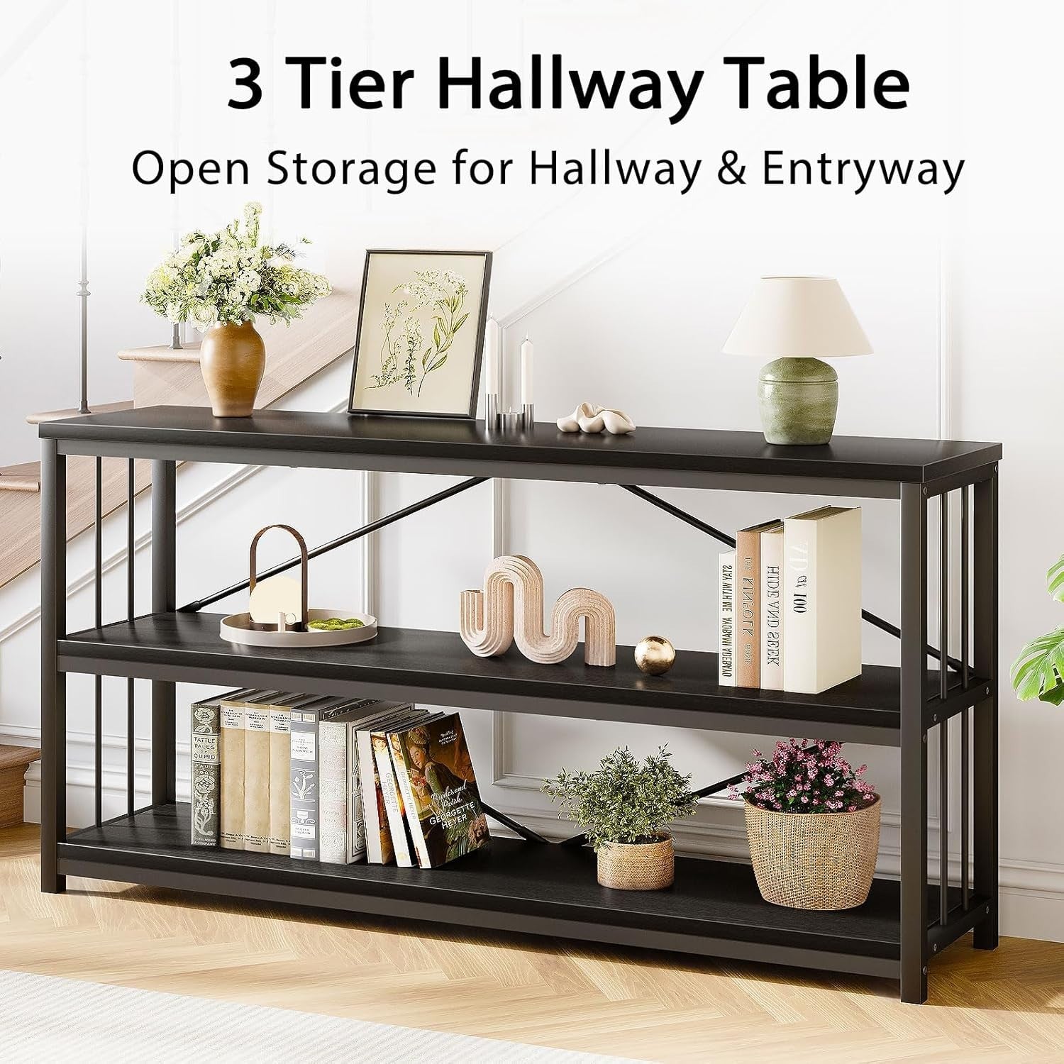 Modern Industrial Black Oak Console Table 160x34x74 cm Storage Shelf