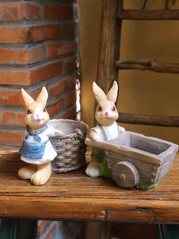 Set of 2 Rabbit Garden Ornaments • Resin Outdoor Figurines with Cart & Basket