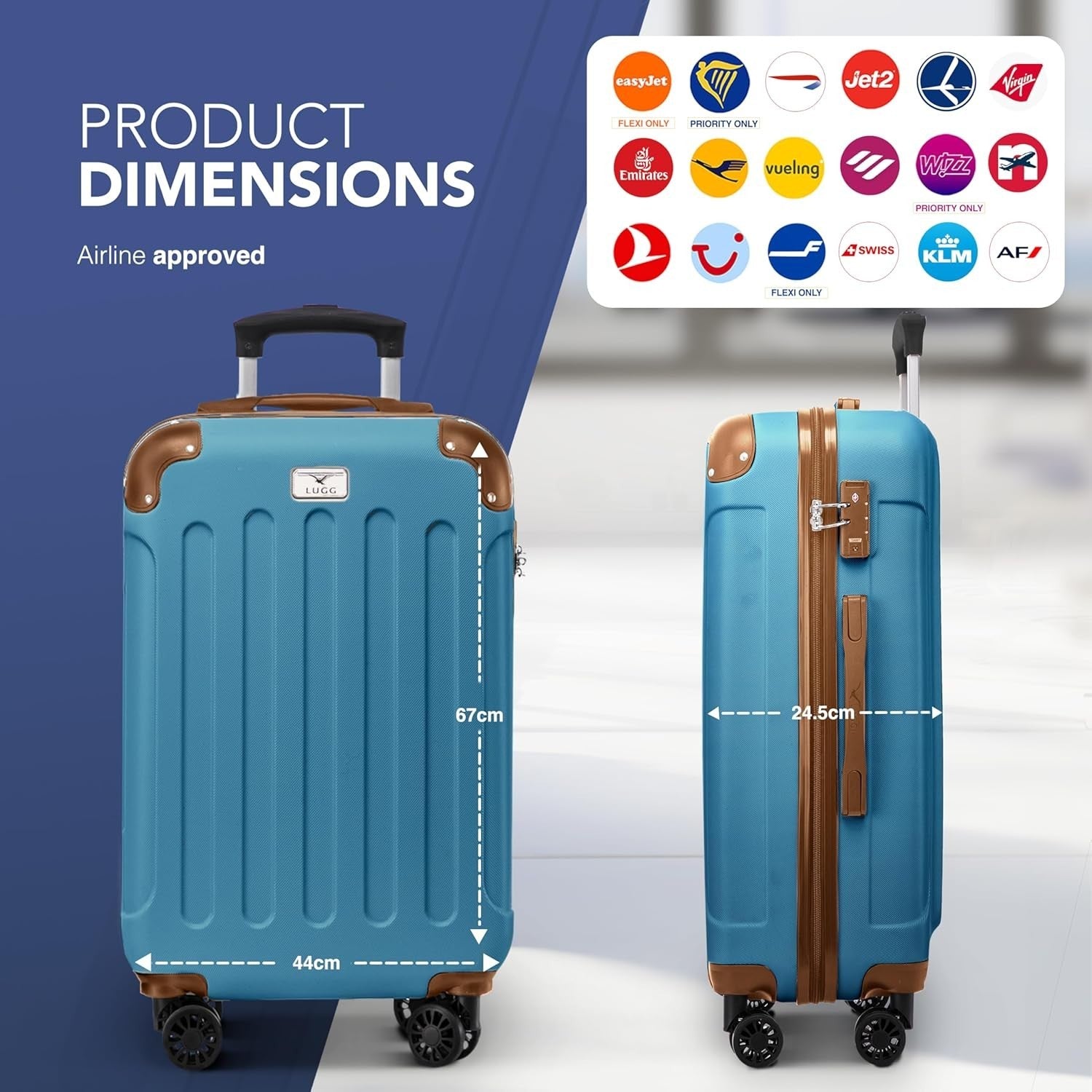 24” Medium ABS Checked Suitcase 4 Wheel Spinner TSA Lock Blue Brown