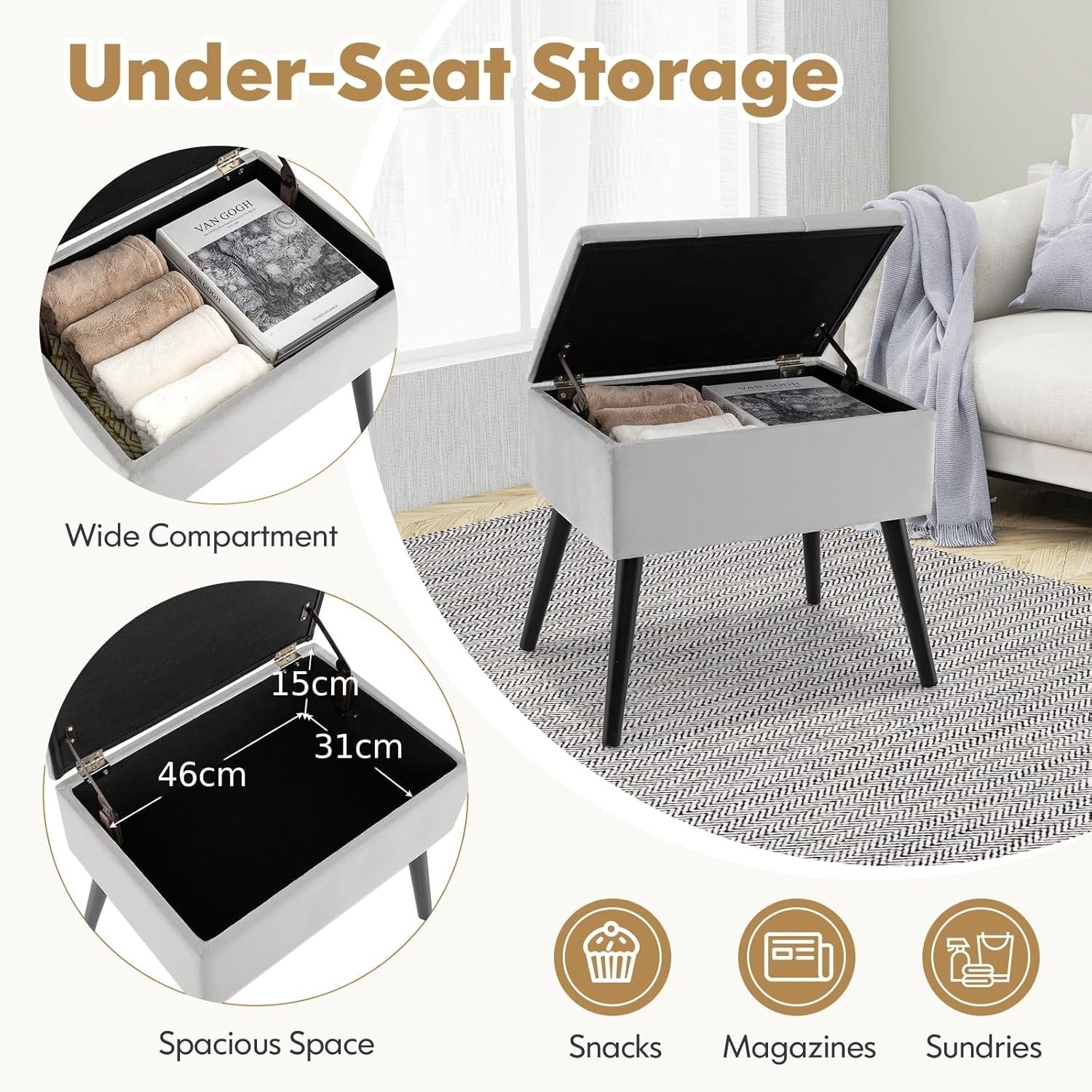 Grey Velvet Flip-Top Storage Footstool Ottoman Vanity Stool with Wood Legs