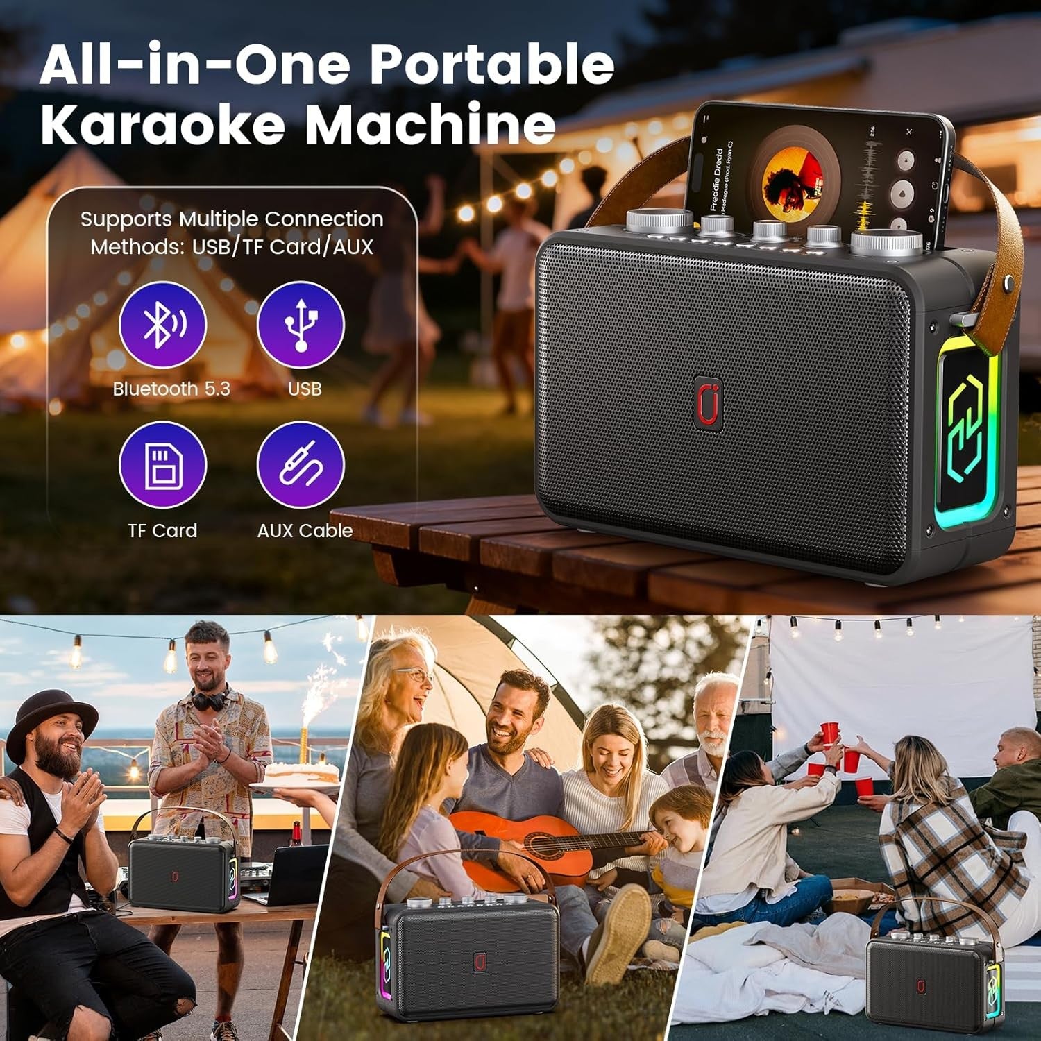 Bluetooth 5.3 Karaoke Machine 2 Wireless Mics Portable PA