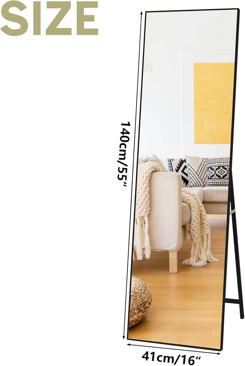 Full-Length Standing Mirror 140x41 cm Black Frame Floor or Wall Mount