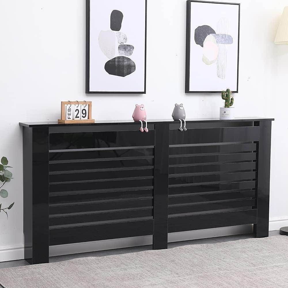 High Gloss Black Radiator Cover Modern Slatted Cabinet Extra Large