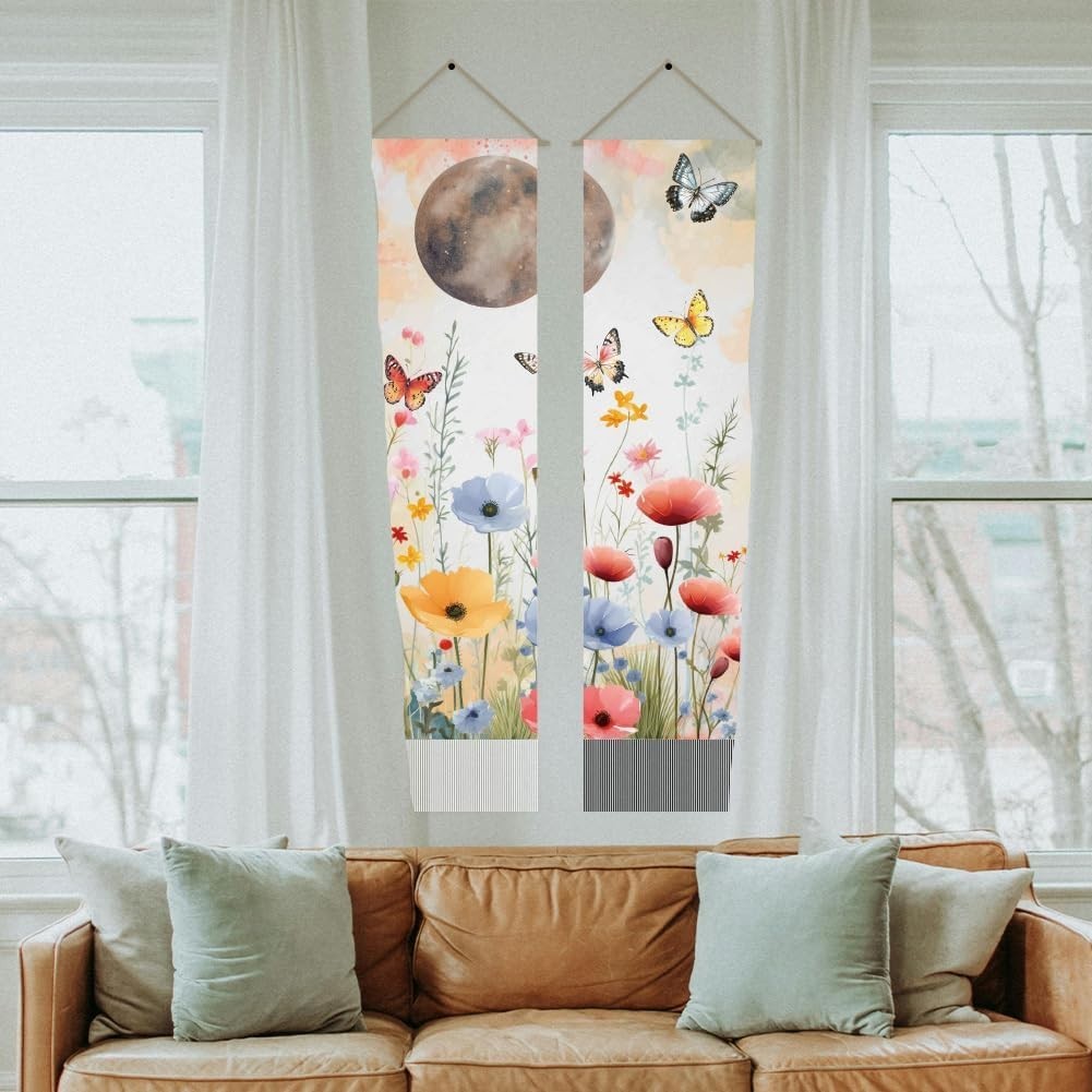 Boho Beige Flower Tapestry 2pcs 45.7x13in Butterfly Wall Decor