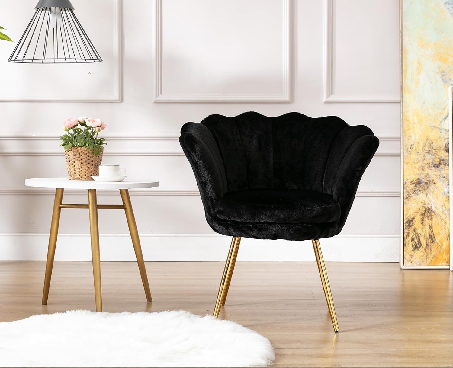 Black Velvet Lounge Chair Gold Legs | Petal Back Armchair for Bedroom