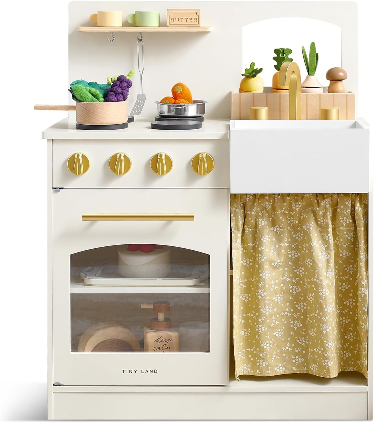 Wooden Kids Play Kitchen White w/ Cutting Food Accessories Set