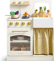 Wooden Kids Play Kitchen White w/ Cutting Food Accessories Set