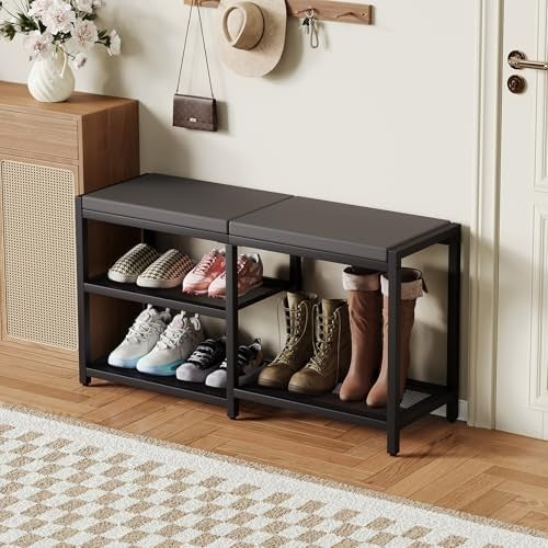 Black 35"L Shoe Bench with Cushion & Alloy Steel Frame, Storage Seat