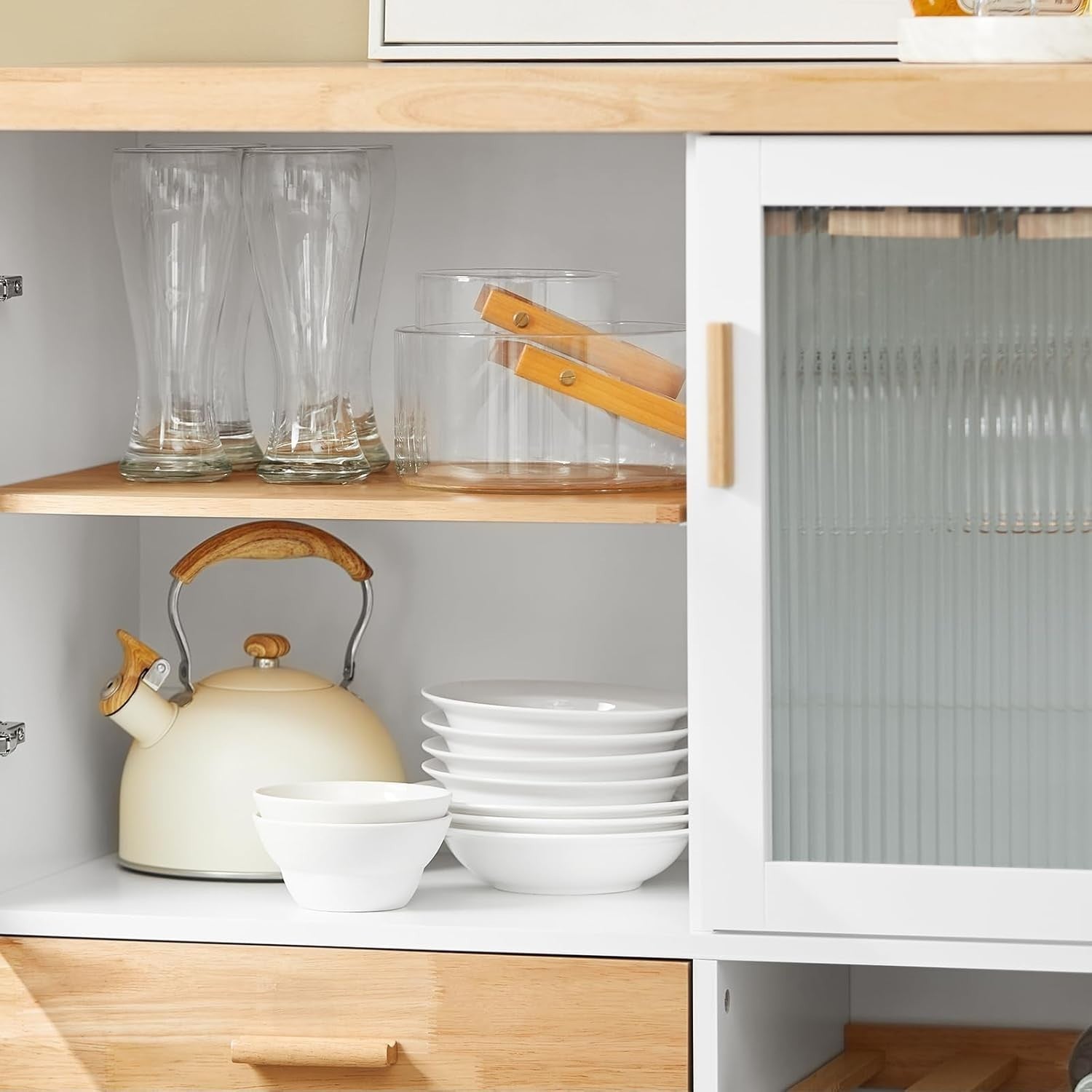 Mobile Kitchen Island Trolley with Glass Doors & Wine Rack White 109x40cm
