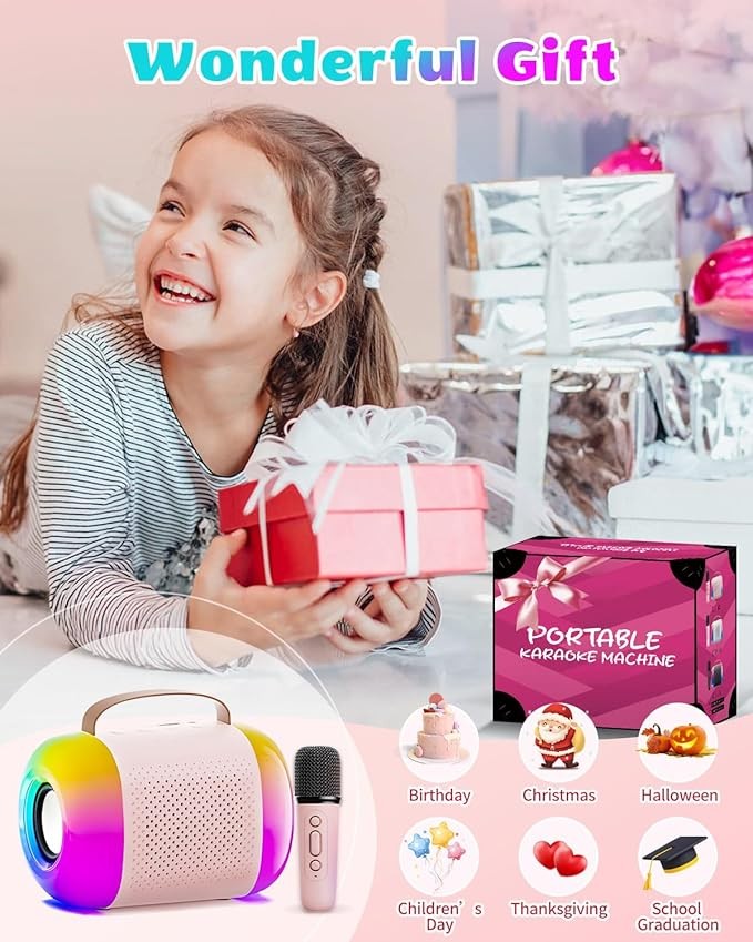 Mini Bluetooth Karaoke Machine for Kids with 1 Mic, LED Lights & Voice Changer