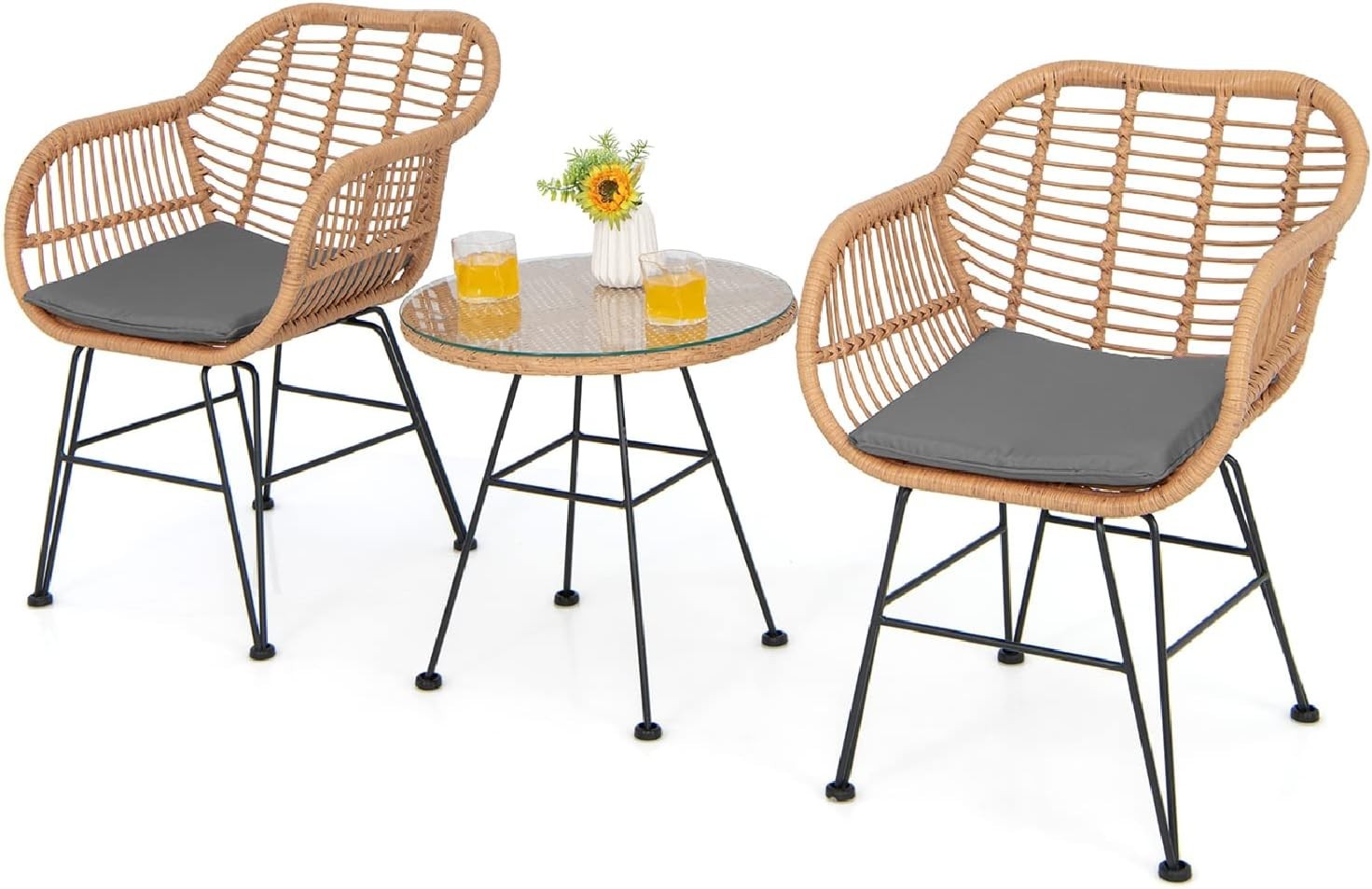 3 Piece Rattan Bistro Set Outdoor Patio Chairs with Glass Table & Cushions