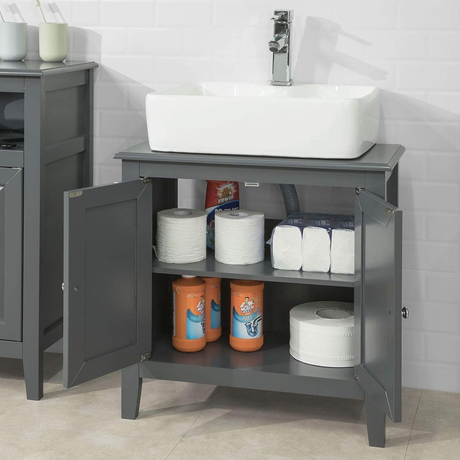 Dark Grey Bathroom Vanity Unit 2 Door Under Sink Storage Cabinet MDF Cupboard