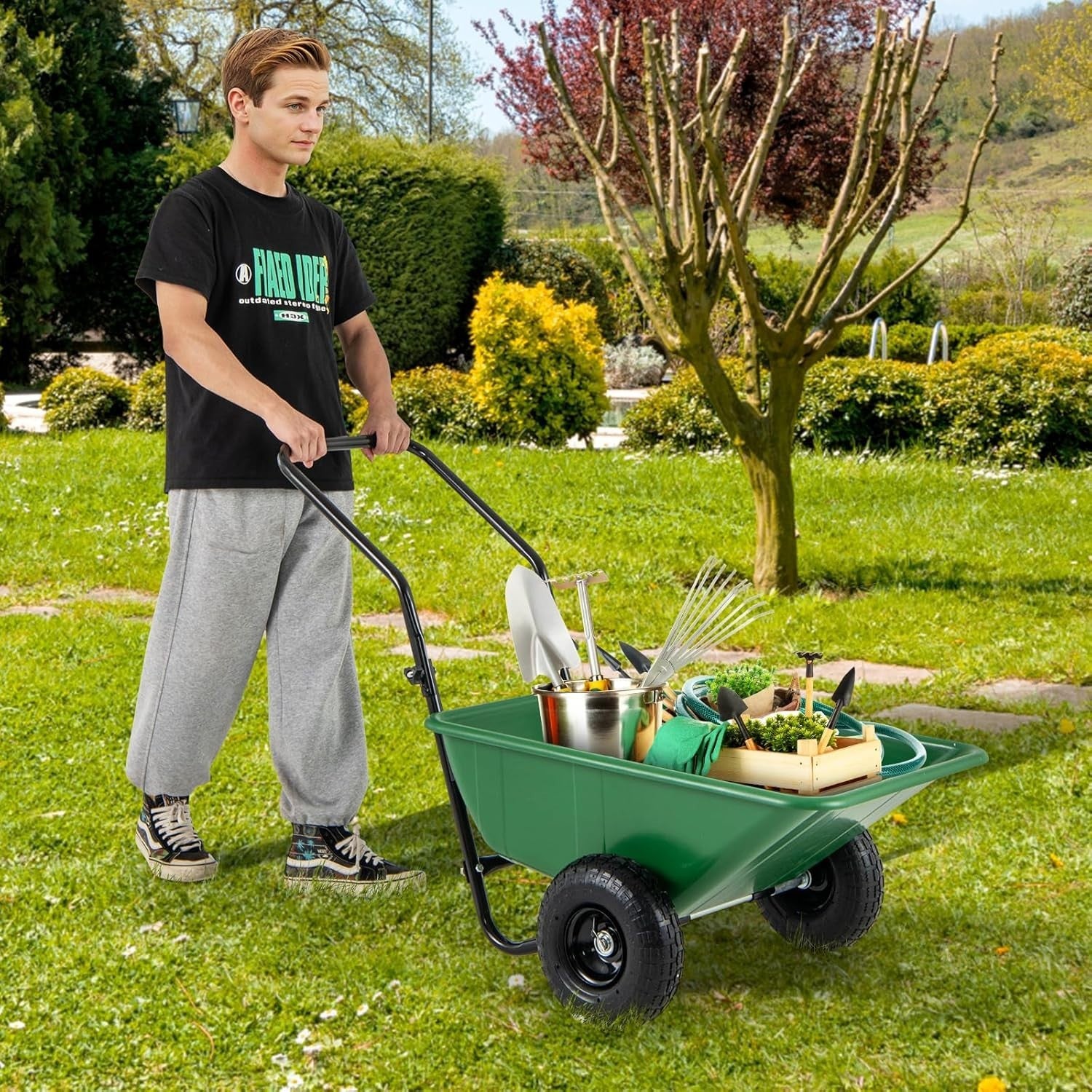 80L 2-Wheel Garden Wheelbarrow Green – Foldable Handle w/ Pneumatic Tyres 100kg