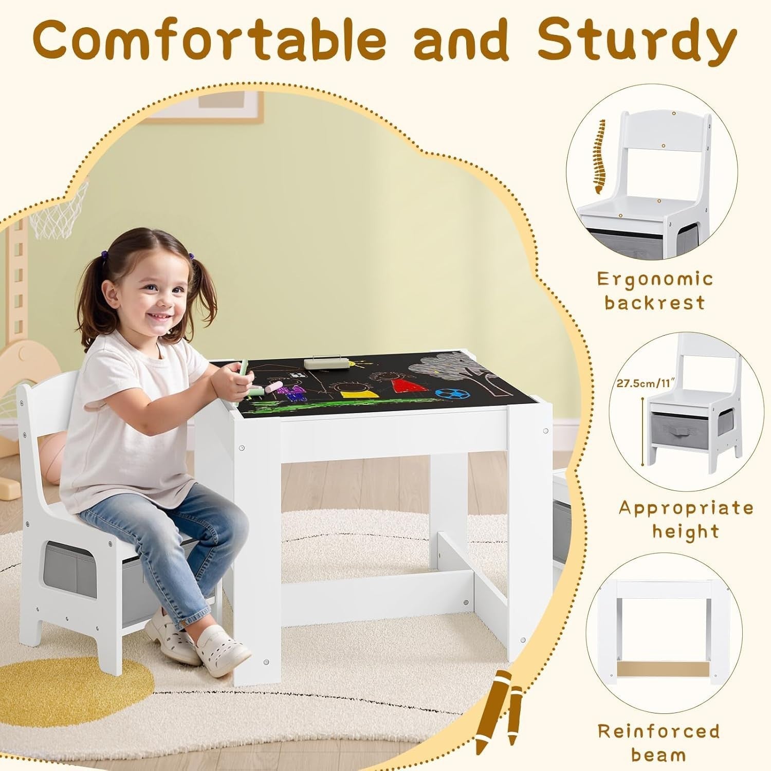 3-in-1 Kids Table & Chair Set with Storage Boxes, Space-Saving Bench