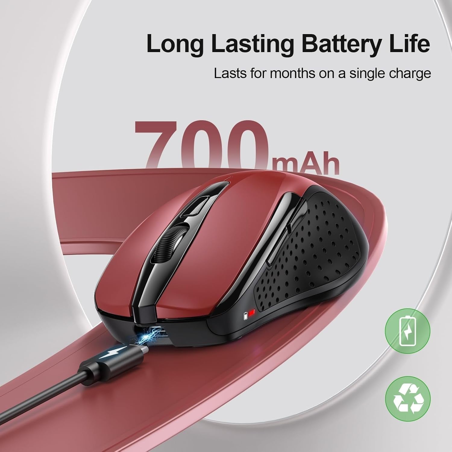 Red Rechargeable Wireless Mouse Silent Bluetooth Tri Mode 4800DPI Ergonomic
