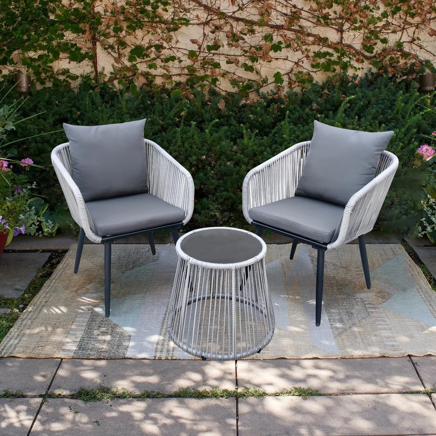 3 Piece Rattan Bistro Set Outdoor Chairs Glass Coffee Table Patio Balcony