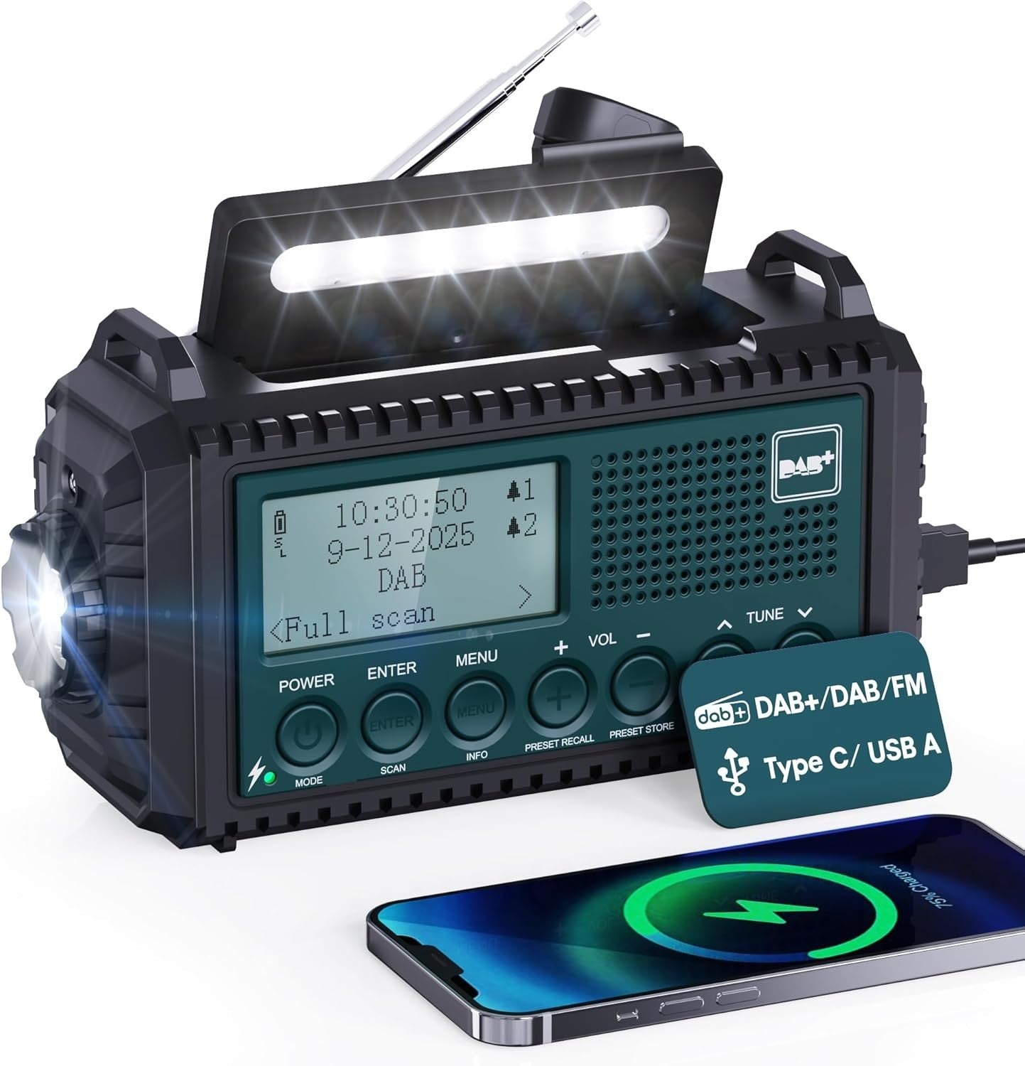 DAB+ FM Emergency Radio Solar Hand Crank 5000mAh Power Bank