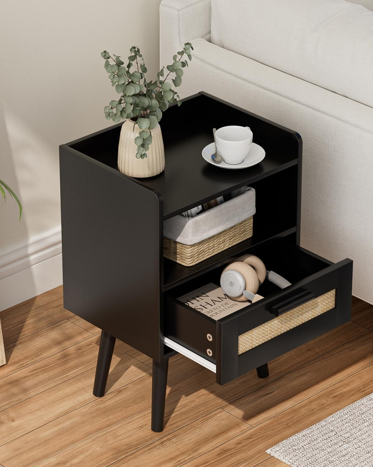 Rattan Bedside Table with Drawer – Modern Wood Nightstand for Bedroom