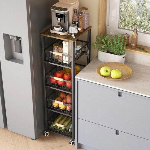 5 Tier Kitchen Storage Trolley with Wheels Slim Fruit Vegetable Basket Rack