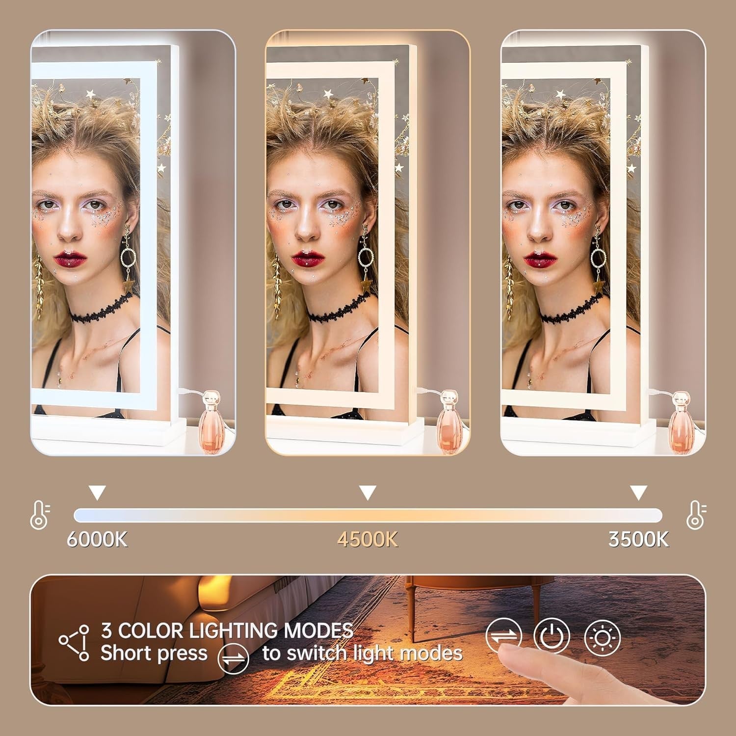 LED Vanity Mirror 80x50cm Wall/Table, 3 Light Modes, Touch Dimming Makeup